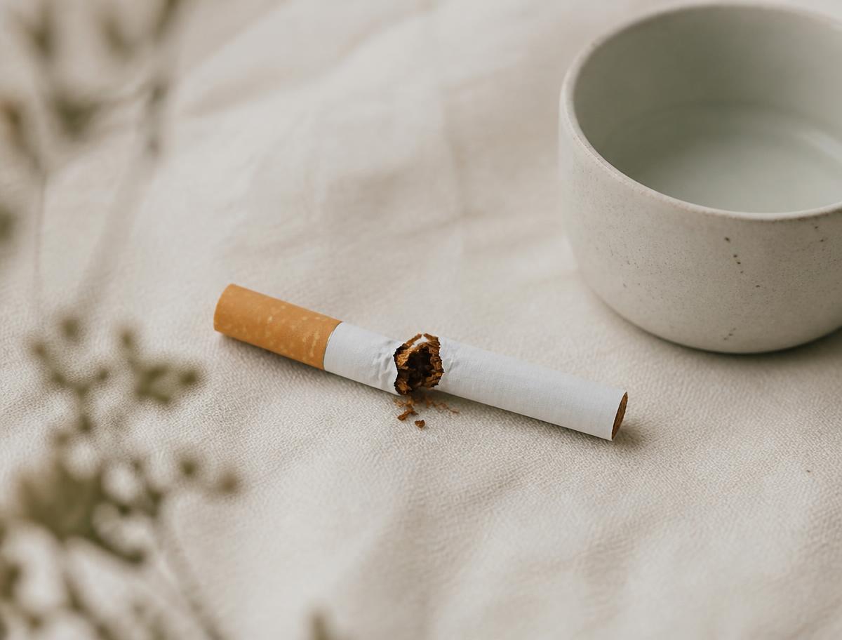 Cigarette brisée posée sur une nappe de lin, symbole d'arrêt du tabac